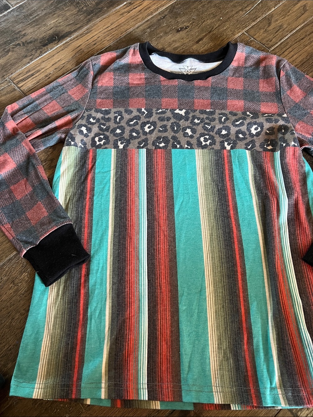 Crazy Train Leopard, Teal, Red & Black Mixed-Print Long Sleeve Topped